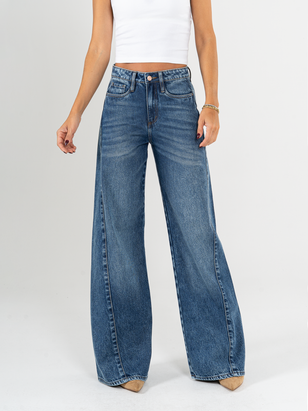 Ref: 065656 Jean mom flare, rígido, con cortes, tiro alto, azul oscuro