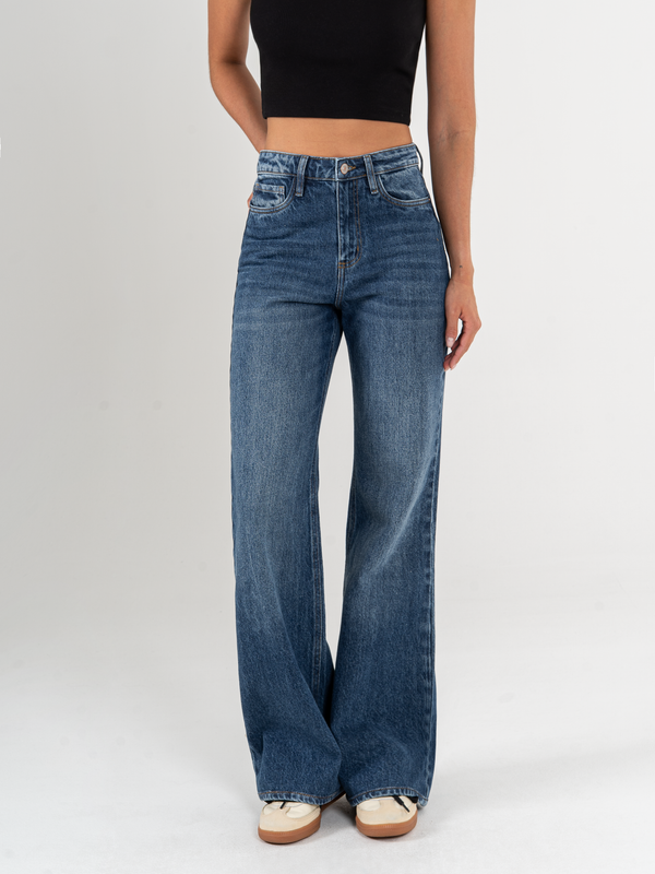 Ref: 065825 Jean mom Flare, rígido, tiro alto, tono azul oscuro