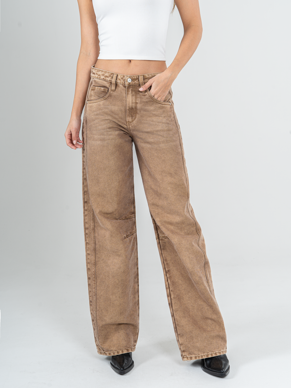 Ref: 066044 Jean wide leg, tiro alto, detalle de tela con brillo, rígido, tono cafe con desgaste