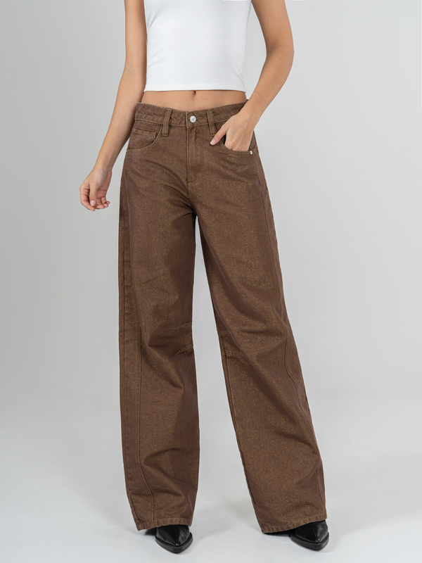 Ref: 066043 Jean wide leg, tiro alto, detalle de tela con brillo, rígido, tono cafe