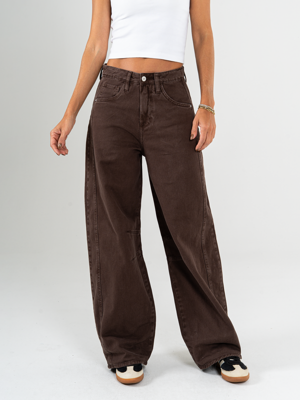 Ref: 069737 Pantalón wide leg, rígido,  tiro alto, diseño cinco bolsillos, tono cafe