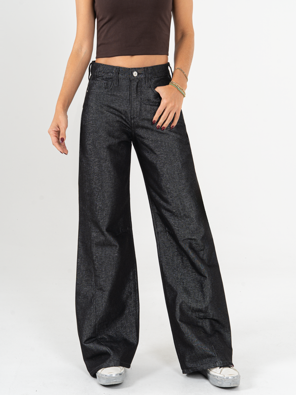 Ref: 066099 Jean wide leg, tiro medio, detalle de tela con brillo, rígido, tono negro