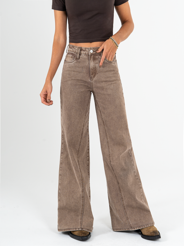 Ref: 065846 Jean palazzo, stretch, con cortes, tiro alto, tono cafe