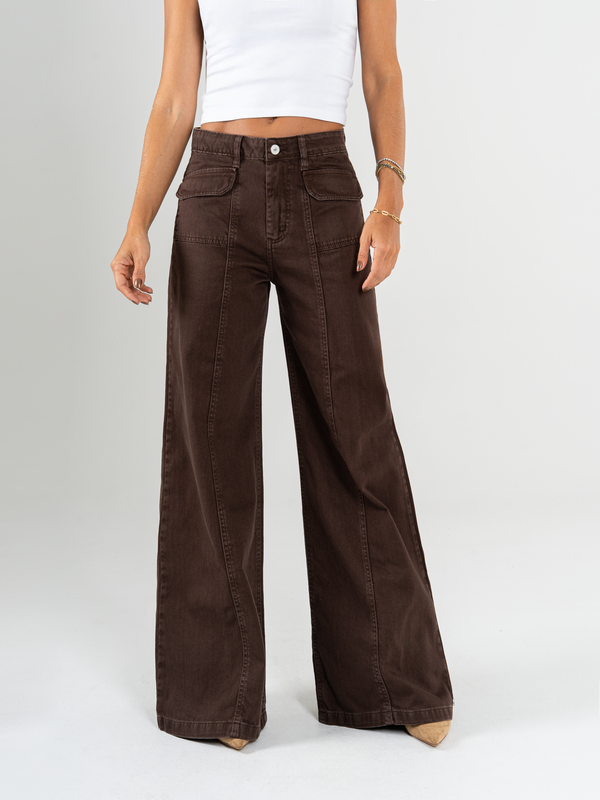 Ref: 069773 Pantalón palazzo, rígido, bolsillos delanteros, tiro alto, tono café oscuro