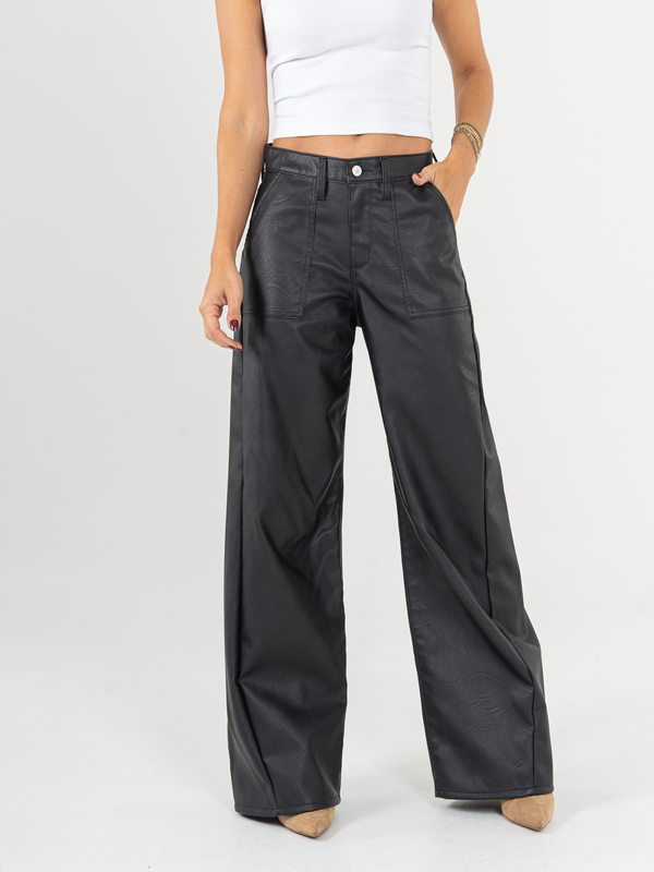 Ref: 0620179 Pantalón wide leg, rígido, tiro alto, efecto cuero, tono negro