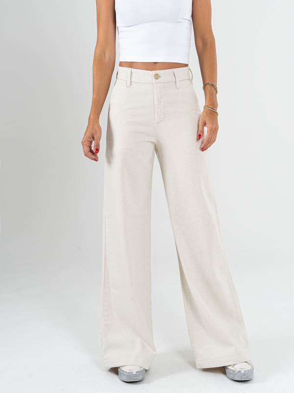 Ref: 069857 Pantalón mom flare, sin prenses, tono natural, tejido plano rígido, tipo lino
