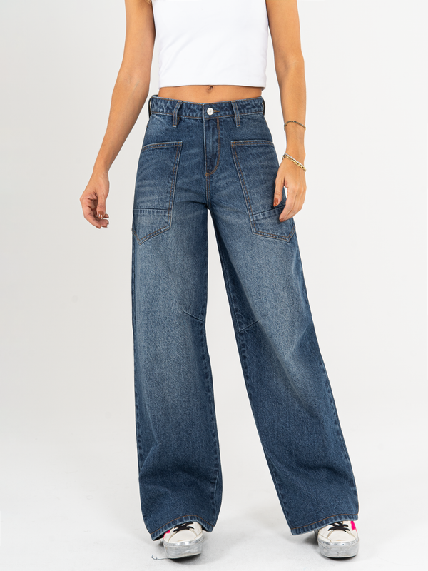 Ref: 065886 Jean wide leg, tiro alto, bolsillos delanteros, rígido, tono azul medio